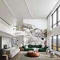 Modern Living Room Interior Design With Green Sofa Natural Theme Mural And Large Windows
