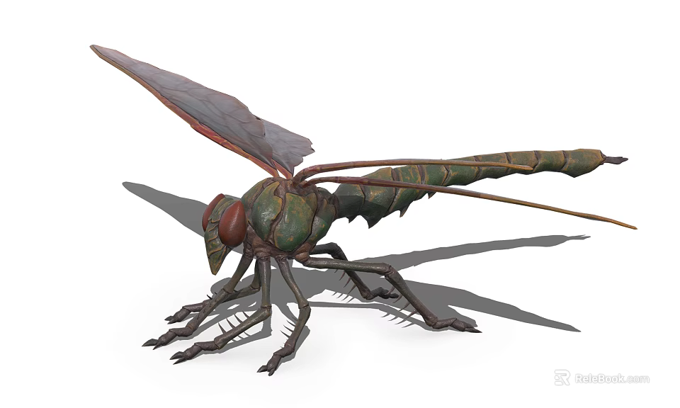 Realistic Green Dragonfly With Red Eyes Transparent Wings Long Abdomen And Multiple Legs 3d model 