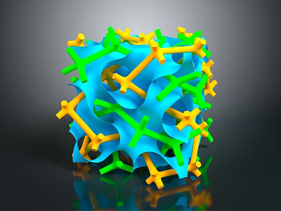 3D Geometric Cube Structure With Blue Green Yellow Interconnected Molecular Strands 3d model