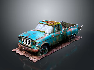 Old Blue Rusty Vintage Truck With Weathered Exterior On Dirt Ground 3d model