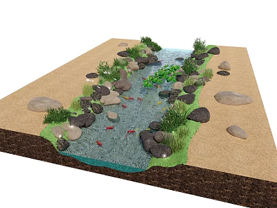 Waterfront Landscape Design With Stream Rocks Green Plants And Red Fish 3d model