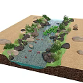 Waterfront Landscape Design With Stream Rocks Green Plants And Red Fish 3d model