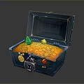 Open Blue Treasure Chest Filled with Gold Coins Green Yellow Red Gemstones Metal Decorations Lock