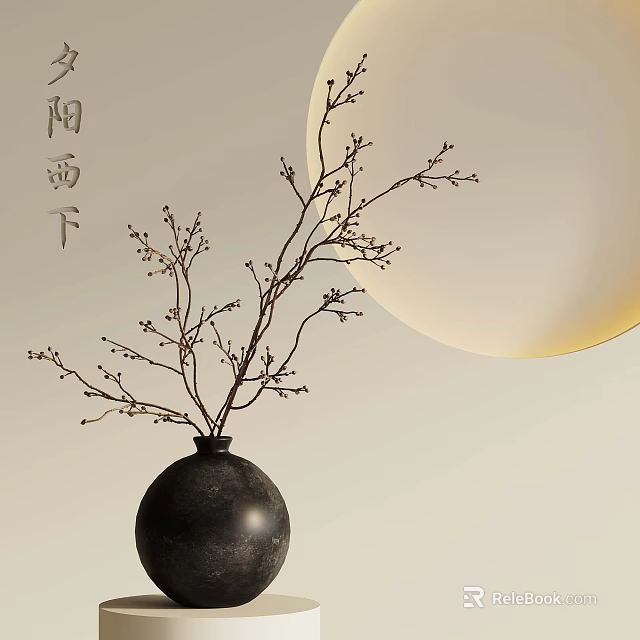 Serene Natural Scene With Black Vase Twigs And Round Moon Under Sunlit Rain 3d model 