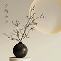 Serene Natural Scene With Black Vase Twigs And Round Moon Under Sunlit Rain