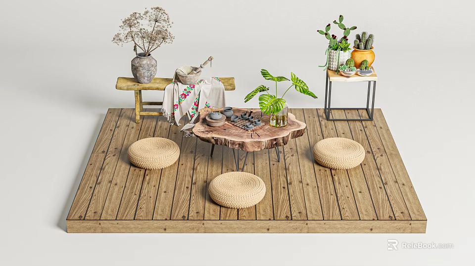 Cozy Rustic Tea Table Setup With Woven Cushions Green Plants And Wooden Floor 3d model 