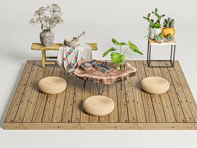 Cozy Rustic Tea Table Setup With Woven Cushions Green Plants And Wooden Floor 3d model