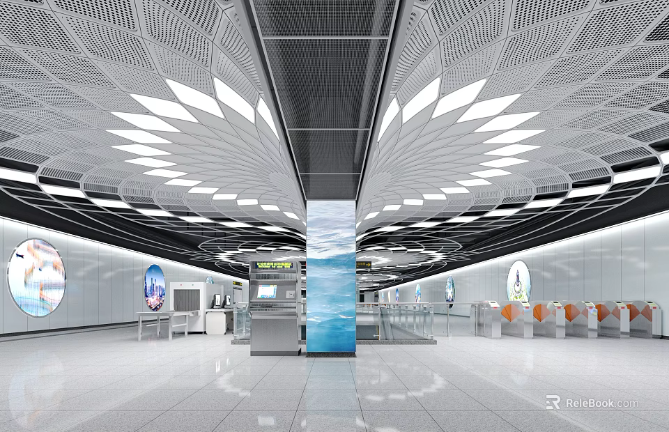 Modern Subway Station Interior Open Space With White Blue Pillar Lighting Ticket Machines And Seats 3d model 
