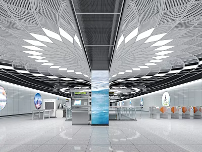Modern Subway Station Interior Open Space With White Blue Pillar Lighting Ticket Machines And Seats 3d model