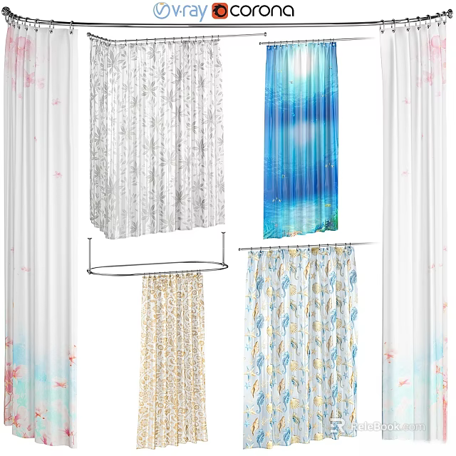 Colorful Shower Curtains With Floral And Wave Patterns On Metal Rods 3d model 