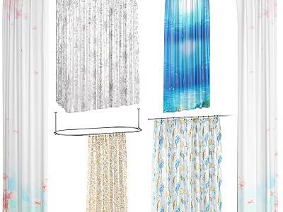 Colorful Shower Curtains With Floral And Wave Patterns On Metal Rods 3d model