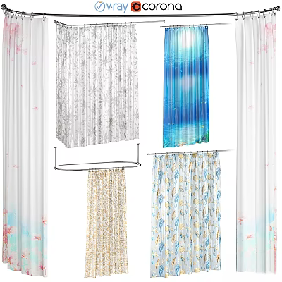 Colorful Shower Curtains With Floral And Wave Patterns On Metal Rods 3d model
