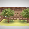Cartoon Style Arched Stone Corridor With Columns Stone Floor Green Plants And Small Decorations