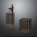 Vintage Metal Cages With Grid Design One Hanging On Wooden Stand And Square Shape