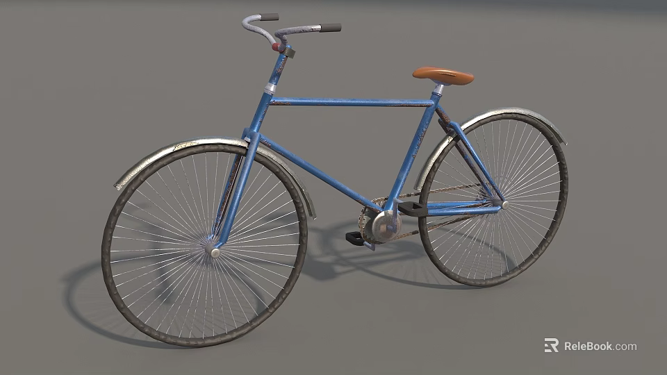 Vintage Blue Bicycle with Brown Seat and Silver Spoked Wheels on Gray Background 3d model 