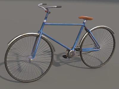 Vintage Blue Bicycle with Brown Seat and Silver Spoked Wheels on Gray Background 3d model