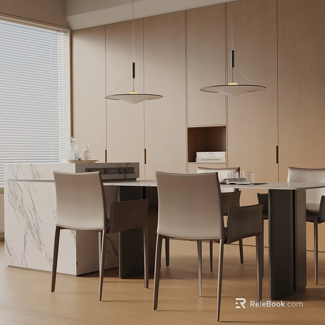 Minimalist Dining Table Set With Marble Countertop Leather Chairs Pendant Lights And Wooden Cabinets 3d model 