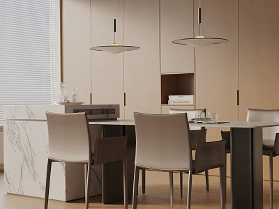 Minimalist Dining Table Set With Marble Countertop Leather Chairs Pendant Lights And Wooden Cabinets 3d model