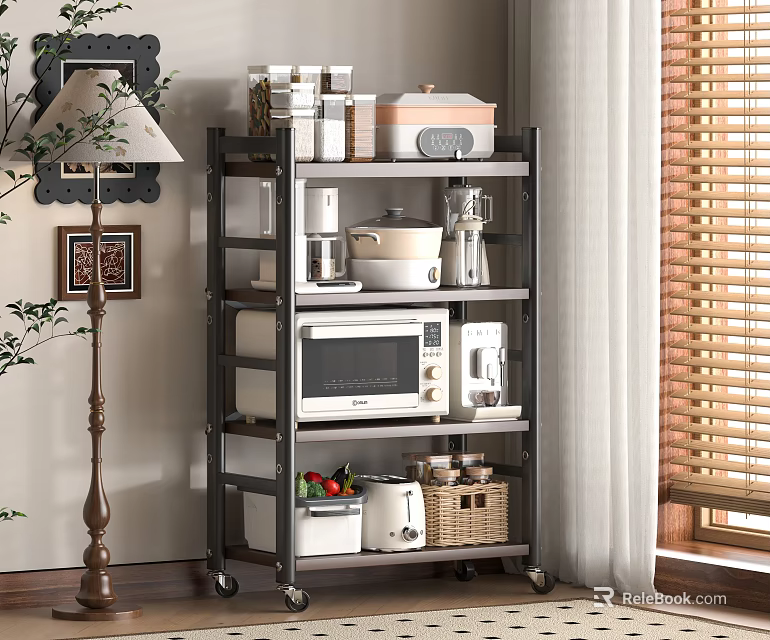 Multi Tiered Kitchen Storage Shelf With Wheels Microwave Pots Containers And Fruits 3d model 