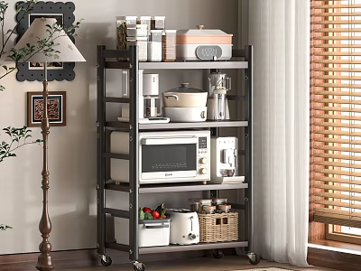 Multi Tiered Kitchen Storage Shelf With Wheels Microwave Pots Containers And Fruits 3d model