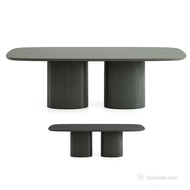 Modern Oval Gray Dining Table With Woven Double Pedestal Base Design 3d model