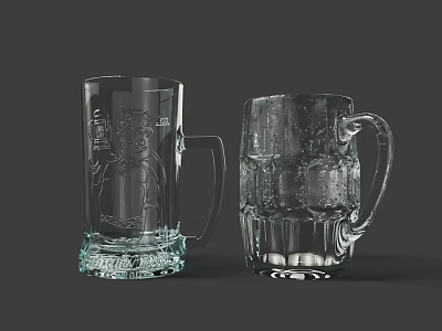 Two Transparent Glass Beer Mugs With Engraved Design And Ice Bubbles On Dark Background 3d model