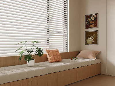 Cozy Bay Window Interior With Cushioned Seat Throw Pillows Green Plant And Wall Art 3d model