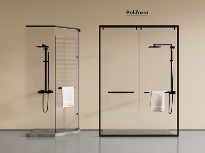Poliform Shower Head In Modern Glass Enclosure With Black Frame Marble Base And White Towel 3d model
