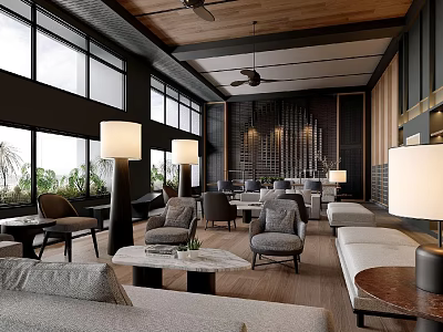 Modern Sales Office Interior Design With Spacious Layout Large Windows Cozy Sofas And Wooden Elements 3d model