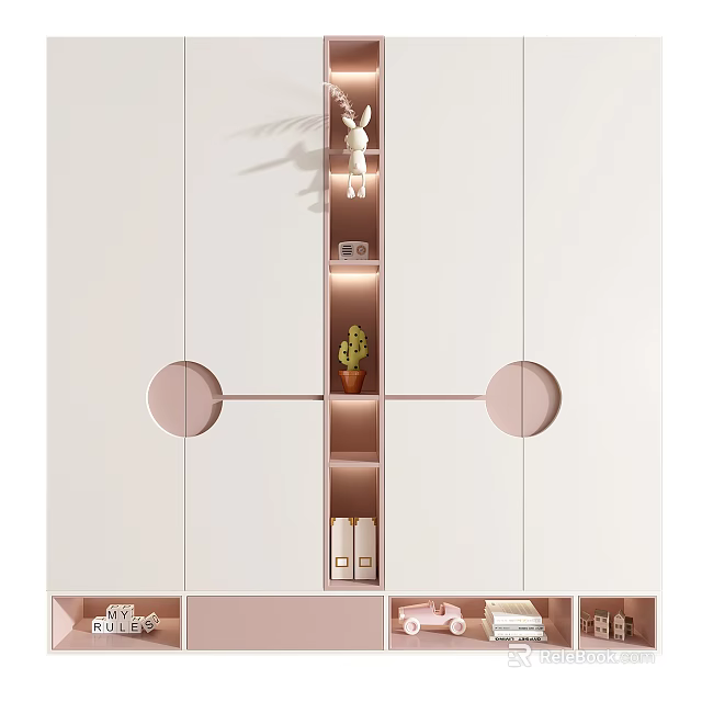 Modern Stylish Wardrobe With Round Handles Built-in Shelves LED Lighting And Storage Drawers 3d model 