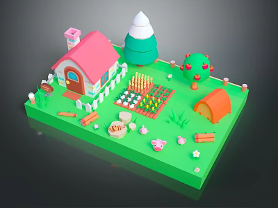 Small House 3D Model With Garden Fence Apple Tree Vegetables And Small Animals 3d model