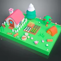Small House 3D Model With Garden Fence Apple Tree Vegetables And Small Animals