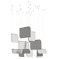 Modern Geometric Chandelier With Gold Frame And Transparent Mesh Shades Hanging In Layered Arrangement