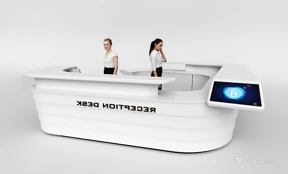 Modern White Curved Reception Desk With Digital Display And Receptionists Standing 3d model 