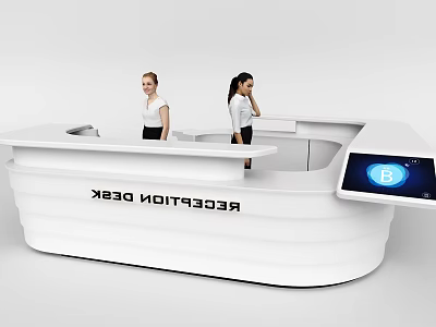 Modern White Curved Reception Desk With Digital Display And Receptionists Standing 3d model