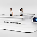 Modern White Curved Reception Desk With Digital Display And Receptionists Standing