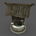 Traditional Garden Ornament Well With Wooden Shingle Roof And Stone Circular Base