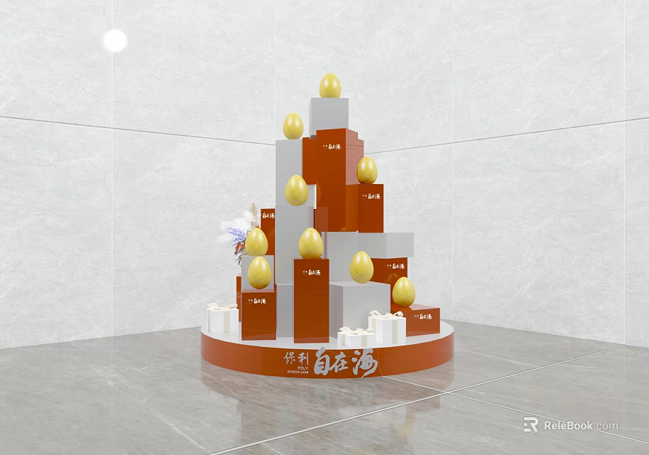 Commercial Display Equipment With Tiered Red Gray Structure And Golden Spheres For Product Showcase 3d model 