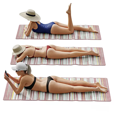 Multiple Women Lying On Striped Mats In Swimsuits And Hats Relaxing Outdoors 3d model