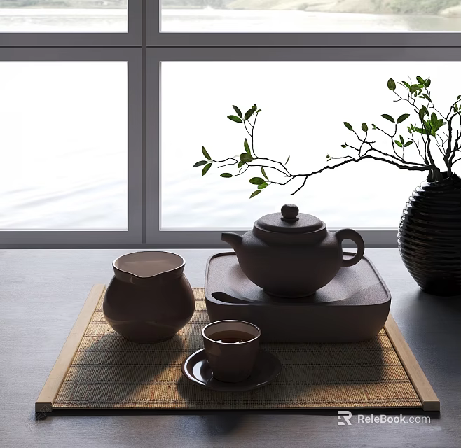 Elegant Tea Set with Teapot Teacup and Jar on Bamboo Mat by Window with Branch Vase 3d model 