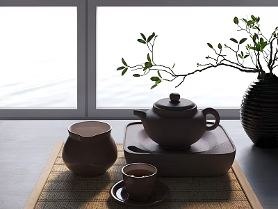 Elegant Tea Set with Teapot Teacup and Jar on Bamboo Mat by Window with Branch Vase 3d model