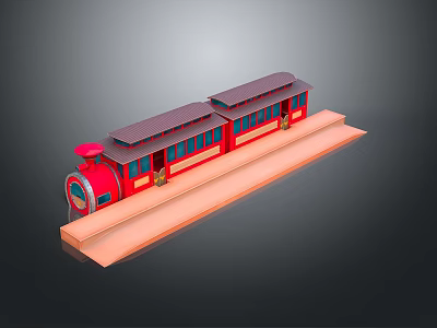 Red Model Train With Two Carriages And Dark Roof On Orange Platform 3d model