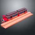 Red Model Train With Two Carriages And Dark Roof On Orange Platform