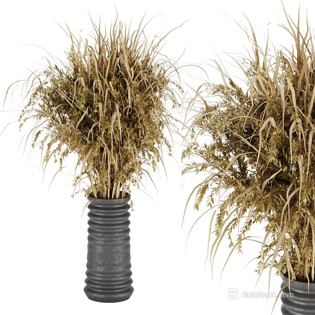 Dried Flowers Arrangement in Textured Gray Cylindrical Vase for Home Decor 3d model 