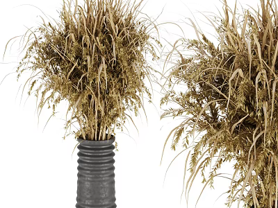 Dried Flowers Arrangement in Textured Gray Cylindrical Vase for Home Decor 3d model