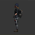Game Movie Character With Blue Beanie Gas Mask Tactical Vest Jeans And Brown Boots