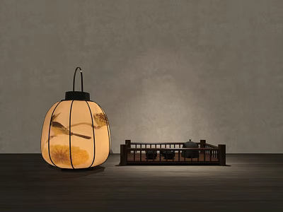 Traditional Table Lamp With Floral Bird Pattern On Dark Wooden Surface And Tea Tray 3d model