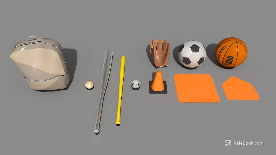 Essential Sports Daily Necessities Including Backpack Bat Balls Glove Cone And Pads 3d model 