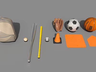 Essential Sports Daily Necessities Including Backpack Bat Balls Glove Cone And Pads 3d model