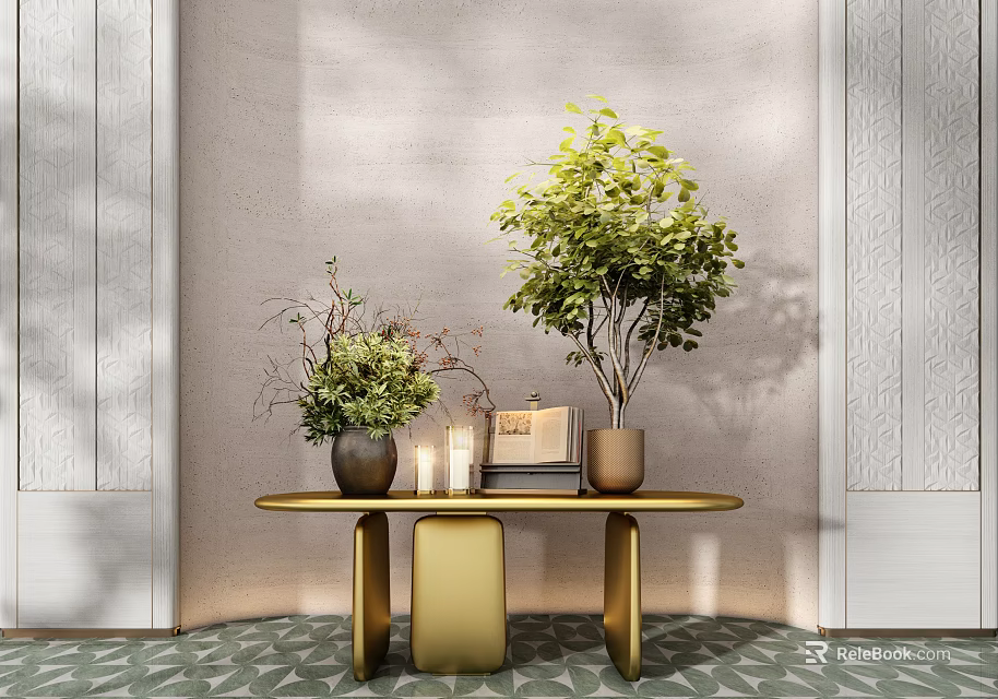 Elegant Modern Console Table With Potted Plants Books And Decorative Vases 3d model 
